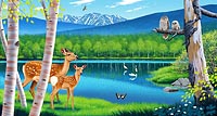湖と森と動物のイラスト　大自然のイラスト